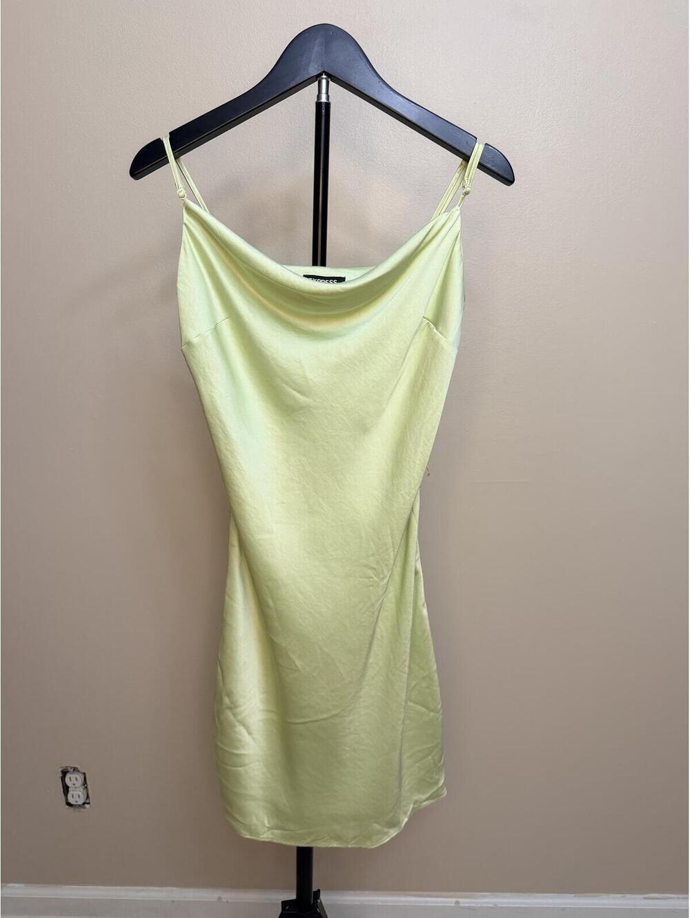 Express Satin Slip Dress Women’s S Lime Green Y2K Cowl Neck Mini Dress